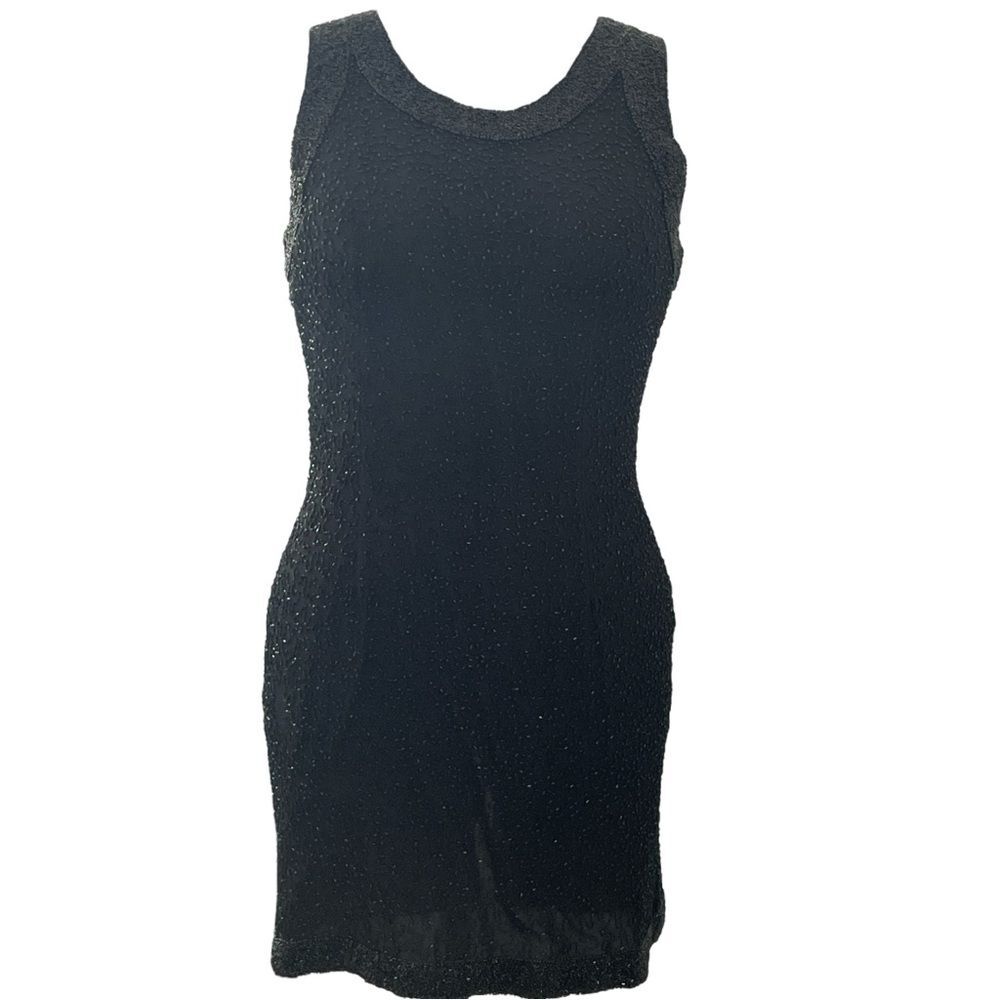 Laurence Kazar sparkling, Beaded Black Mini Dress, sleeveless, round neck, XL